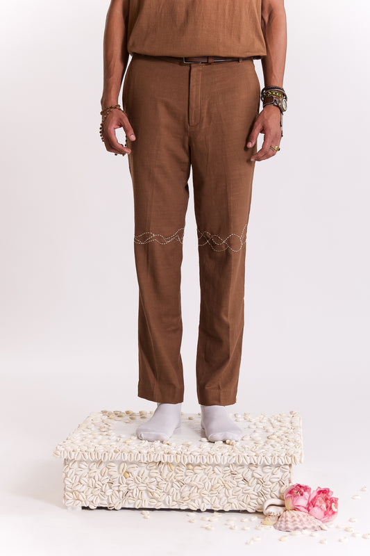 Wave Embroidered Trouser - Brown
