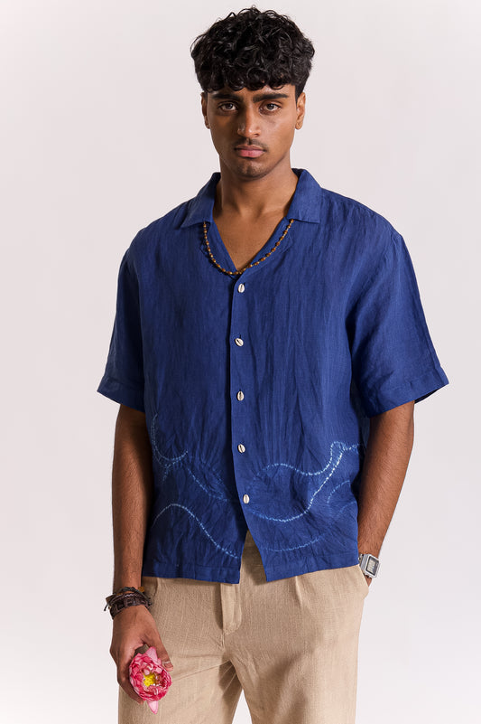 Chandra Lehar Linen Shibori Shirt-Indigo