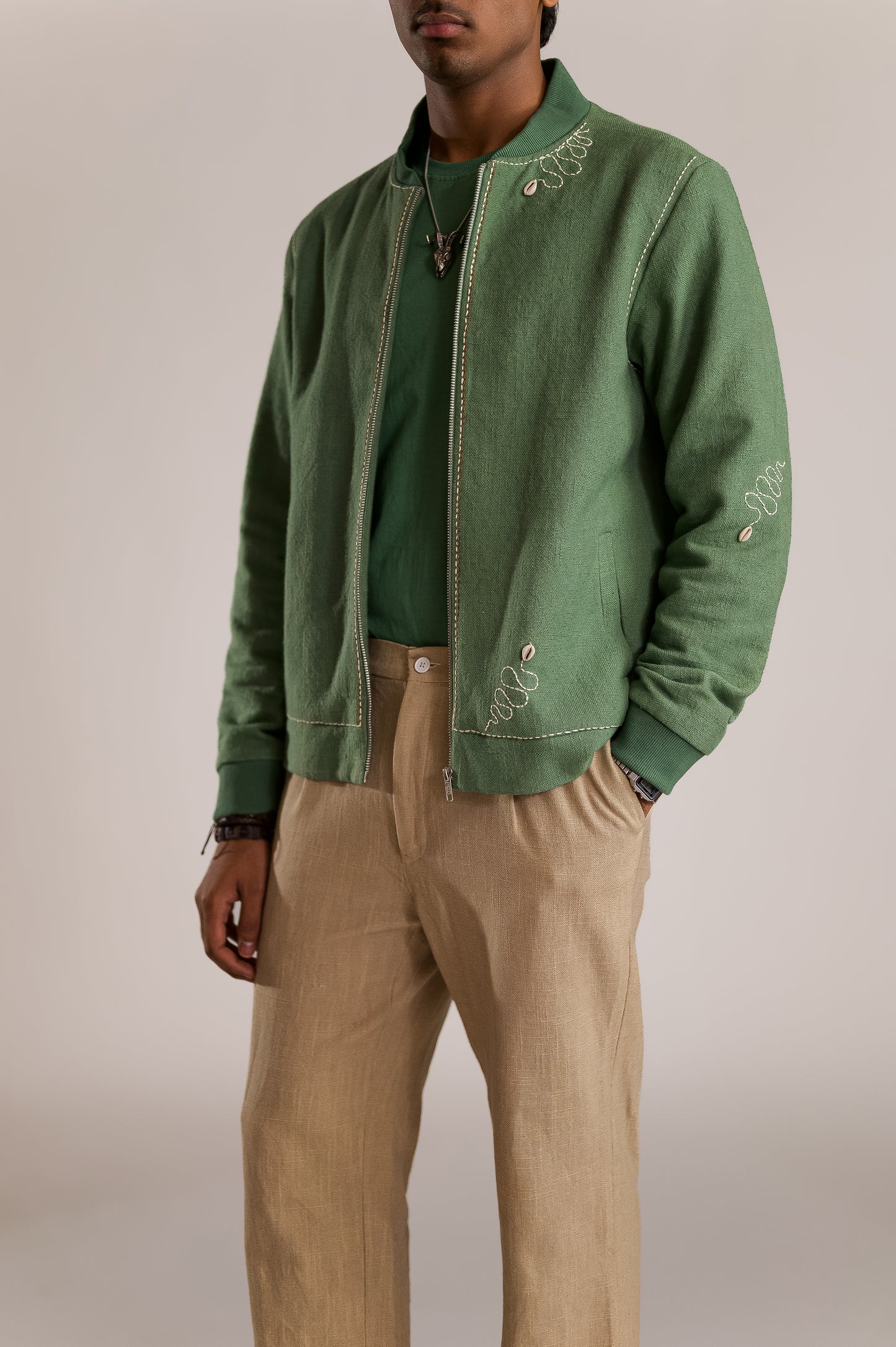 Multi Serpent Embroidered Bomber - Green