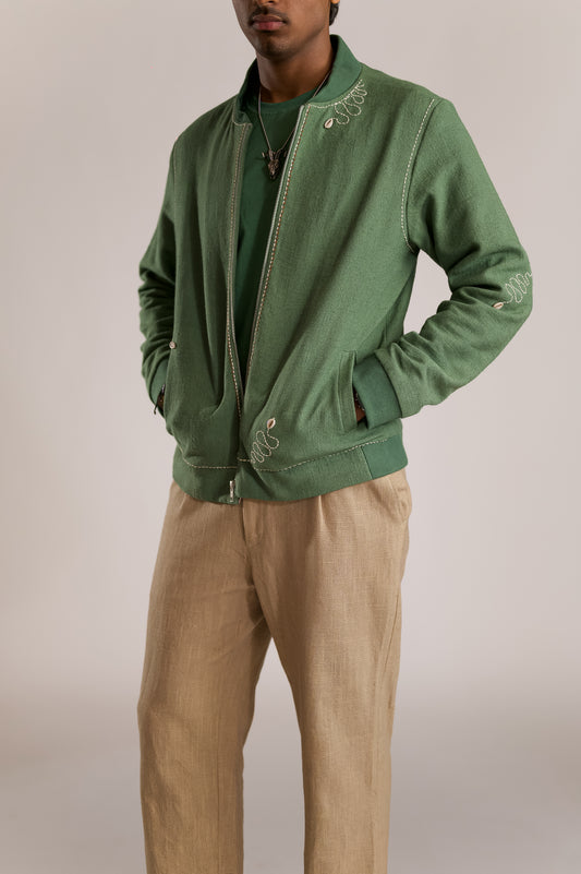 Multi Serpent Embroidered Bomber - Green